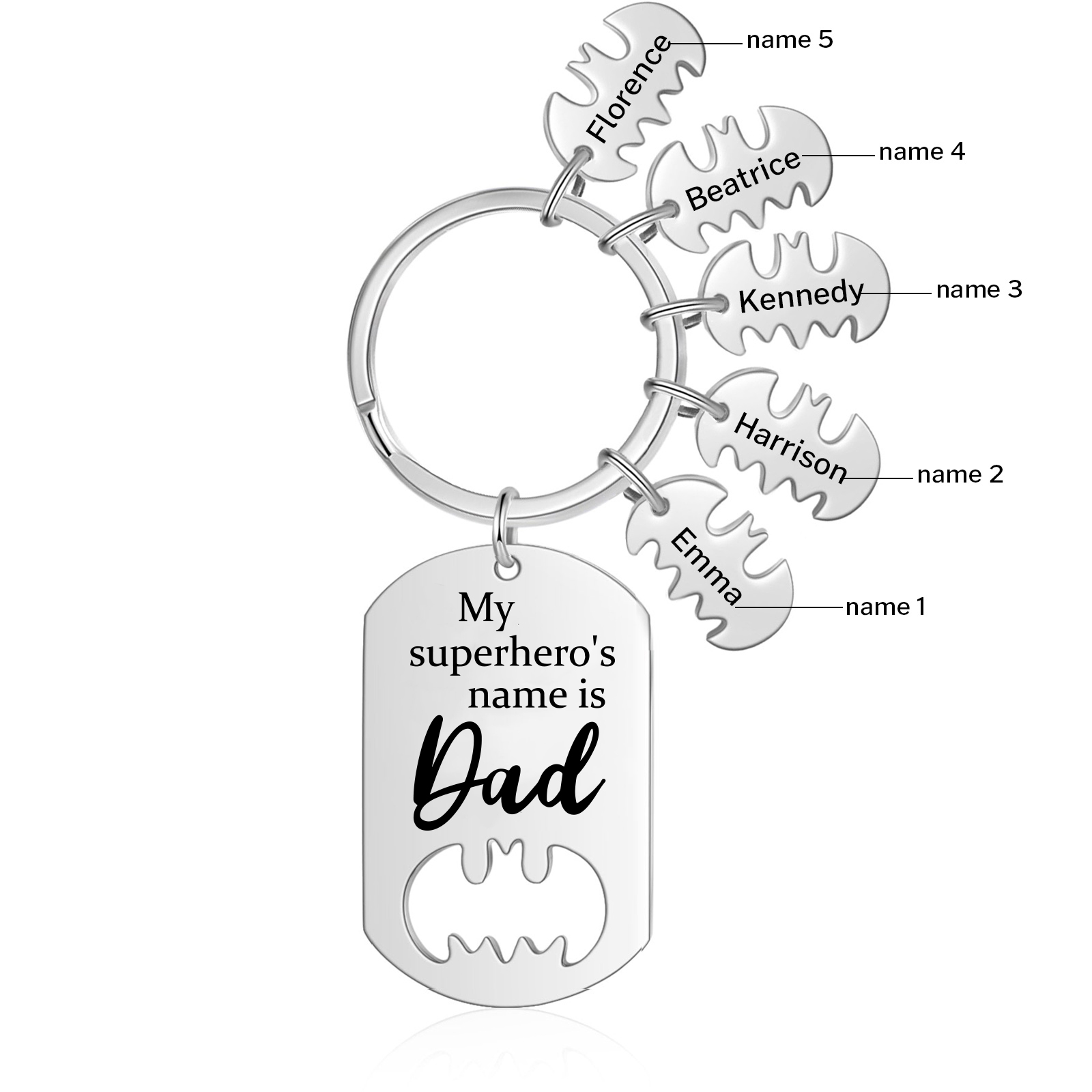 5 Names -Personalised Bat Keyring Father Keyring Gifts for Batman Dad - My Superhero's Name Is Dad