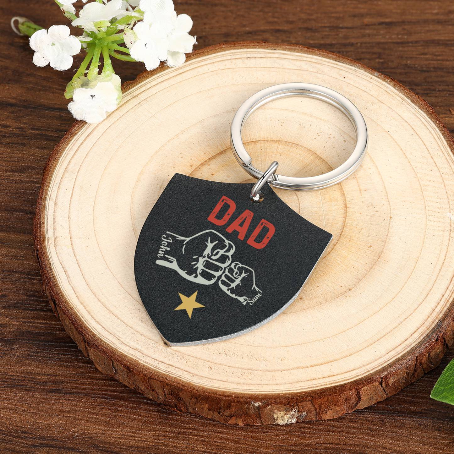 2 Names - Personalised Fist Bump Keyring Engraved Kids Names and text Keyring Gifts for Dad/Grandad