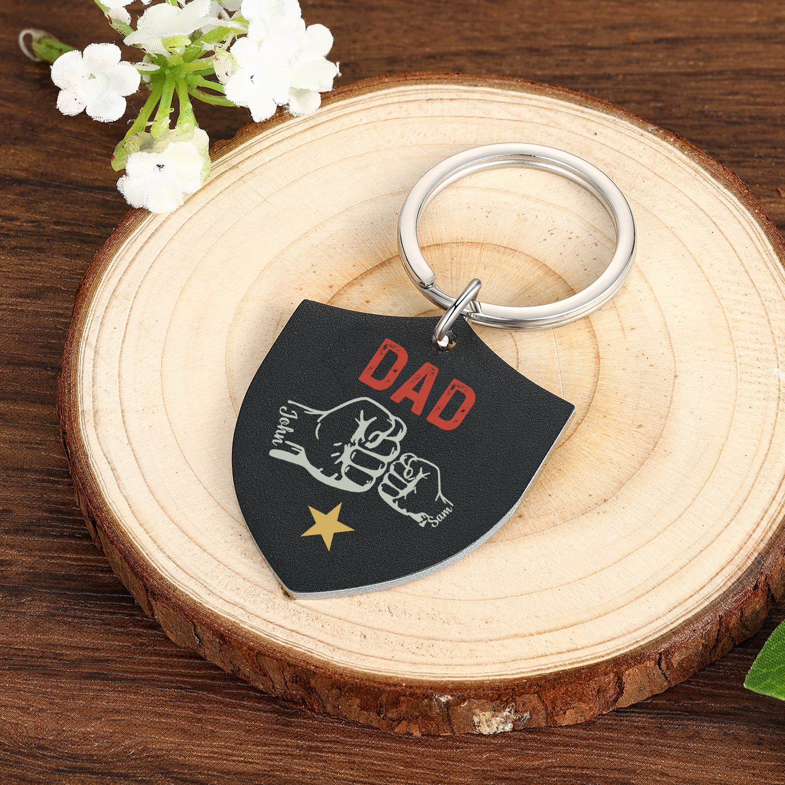 2 Names - Personalised Fist Bump Keyring Engraved Kids Names and text Keyring Gifts for Dad/Grandad