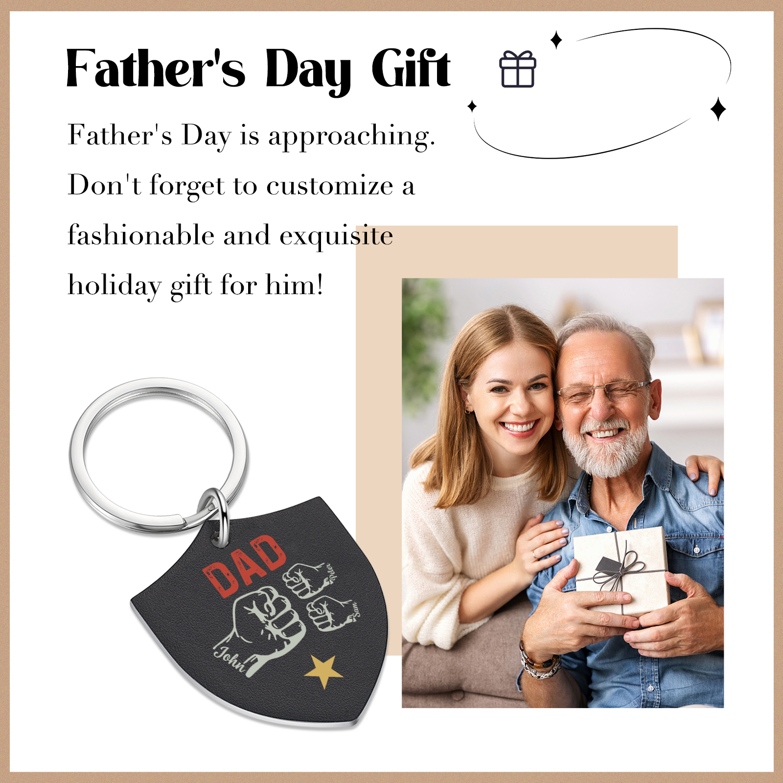 3 Names - Personalised Fist Bump Keyring Engraved Kids Names and text Keyring Gifts for Dad/Grandad