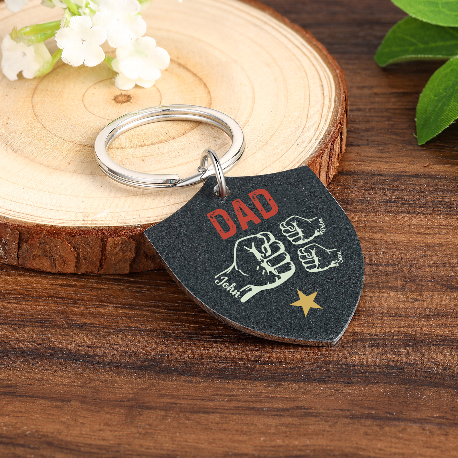 3 Names - Personalised Fist Bump Keyring Engraved Kids Names and text Keyring Gifts for Dad/Grandad