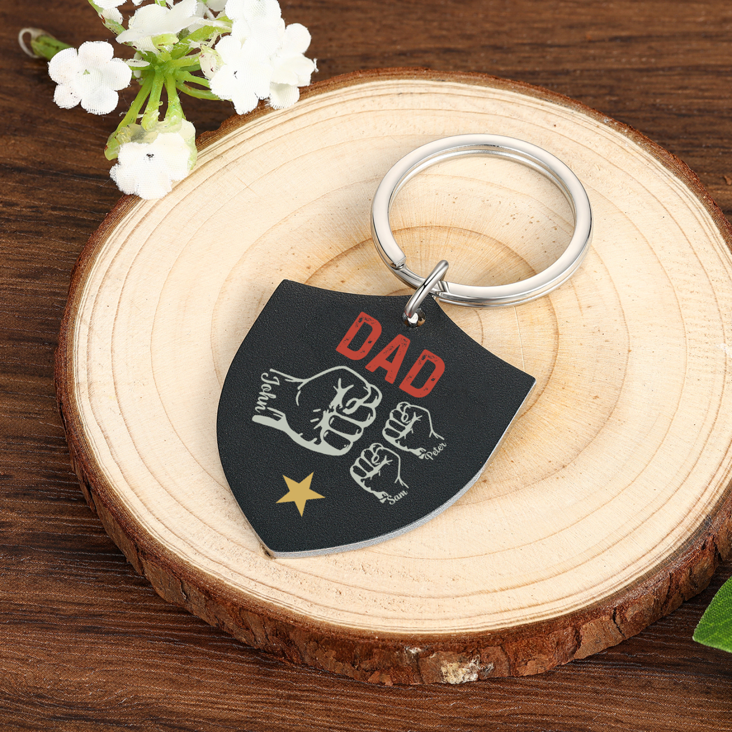 3 Names - Personalised Fist Bump Keyring Engraved Kids Names and text Keyring Gifts for Dad/Grandad