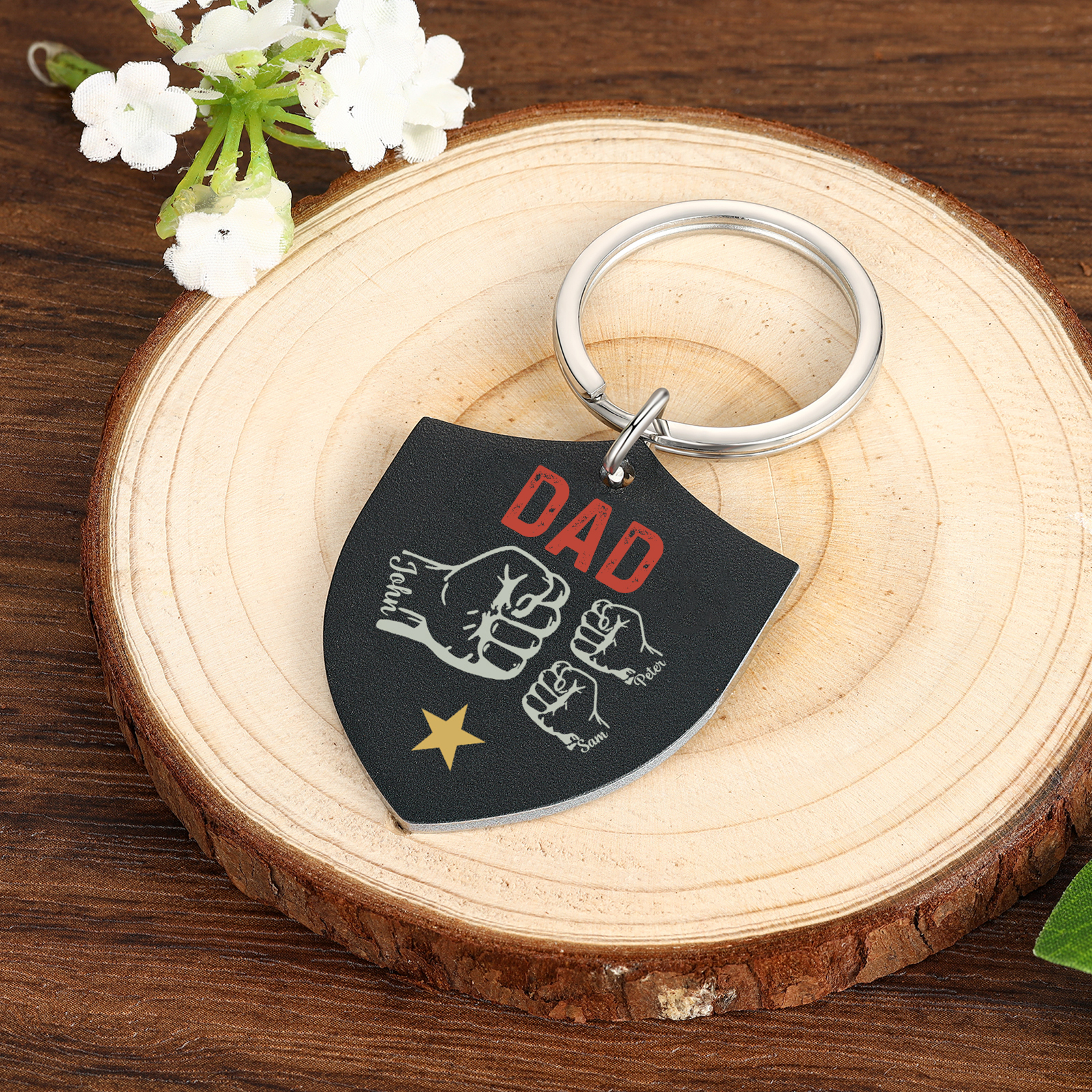 3 Names - Personalised Fist Bump Keyring Engraved Kids Names and text Keyring Gifts for Dad/Grandad