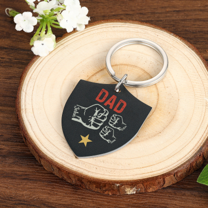 3 Names - Personalised Fist Bump Keyring Engraved Kids Names and text Keyring Gifts for Dad/Grandad