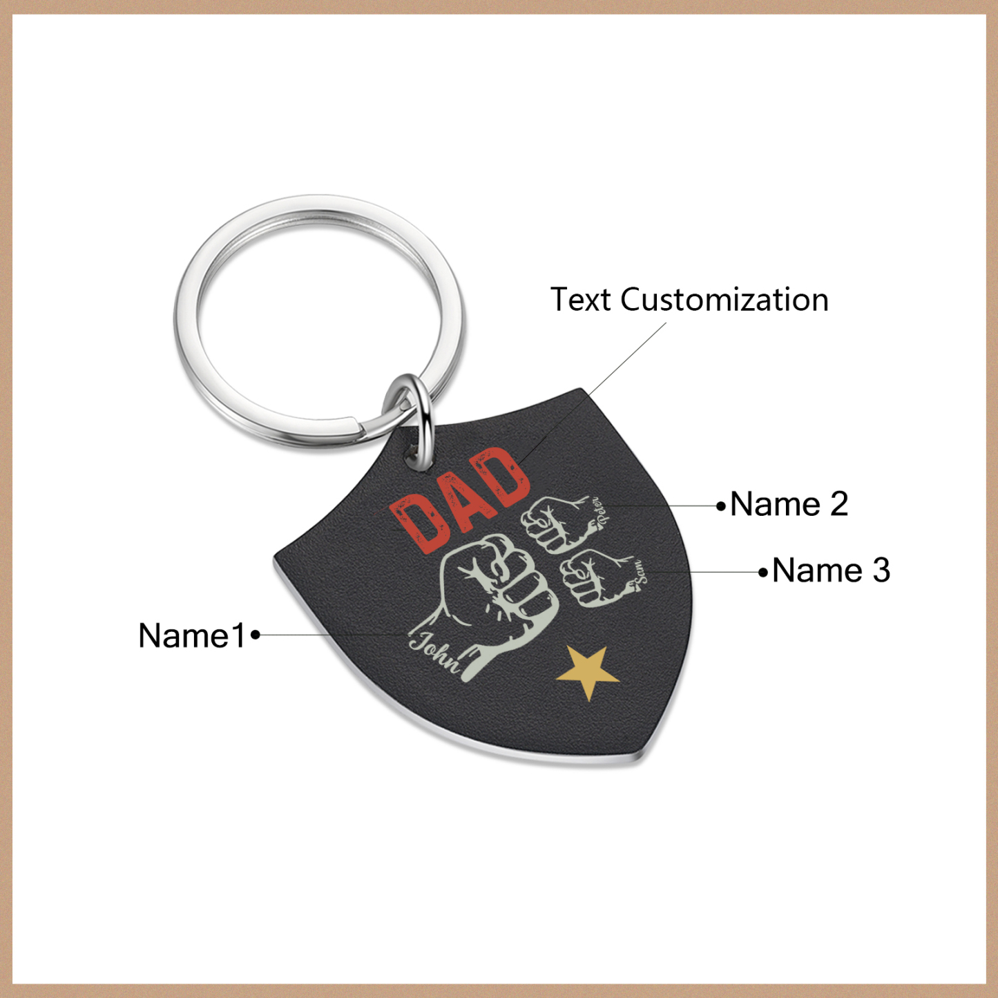 3 Names - Personalised Fist Bump Keyring Engraved Kids Names and text Keyring Gifts for Dad/Grandad