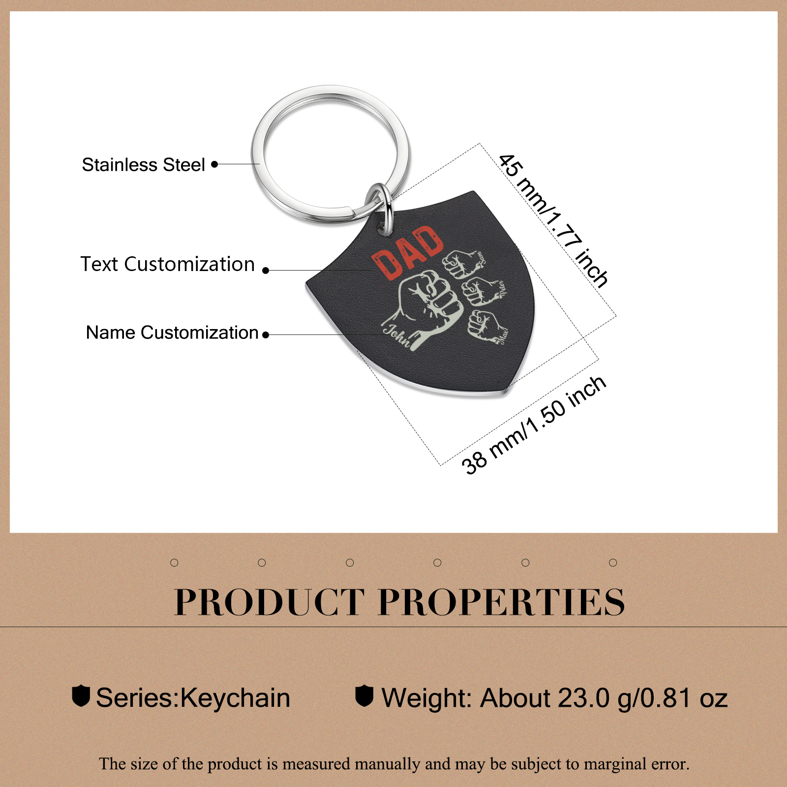 4 Names - Personalised Fist Bump Keyring Engraved Kids Names and text Keyring Gifts for Dad/Grandad