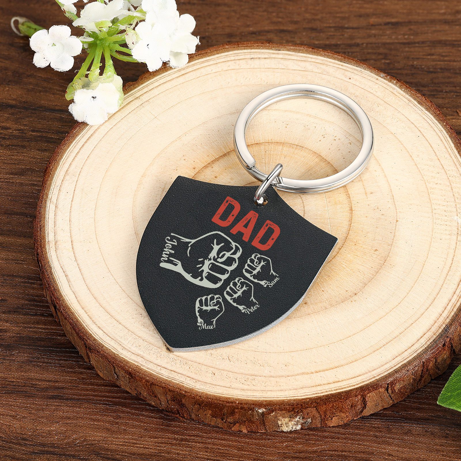 4 Names - Personalised Fist Bump Keyring Engraved Kids Names and text Keyring Gifts for Dad/Grandad