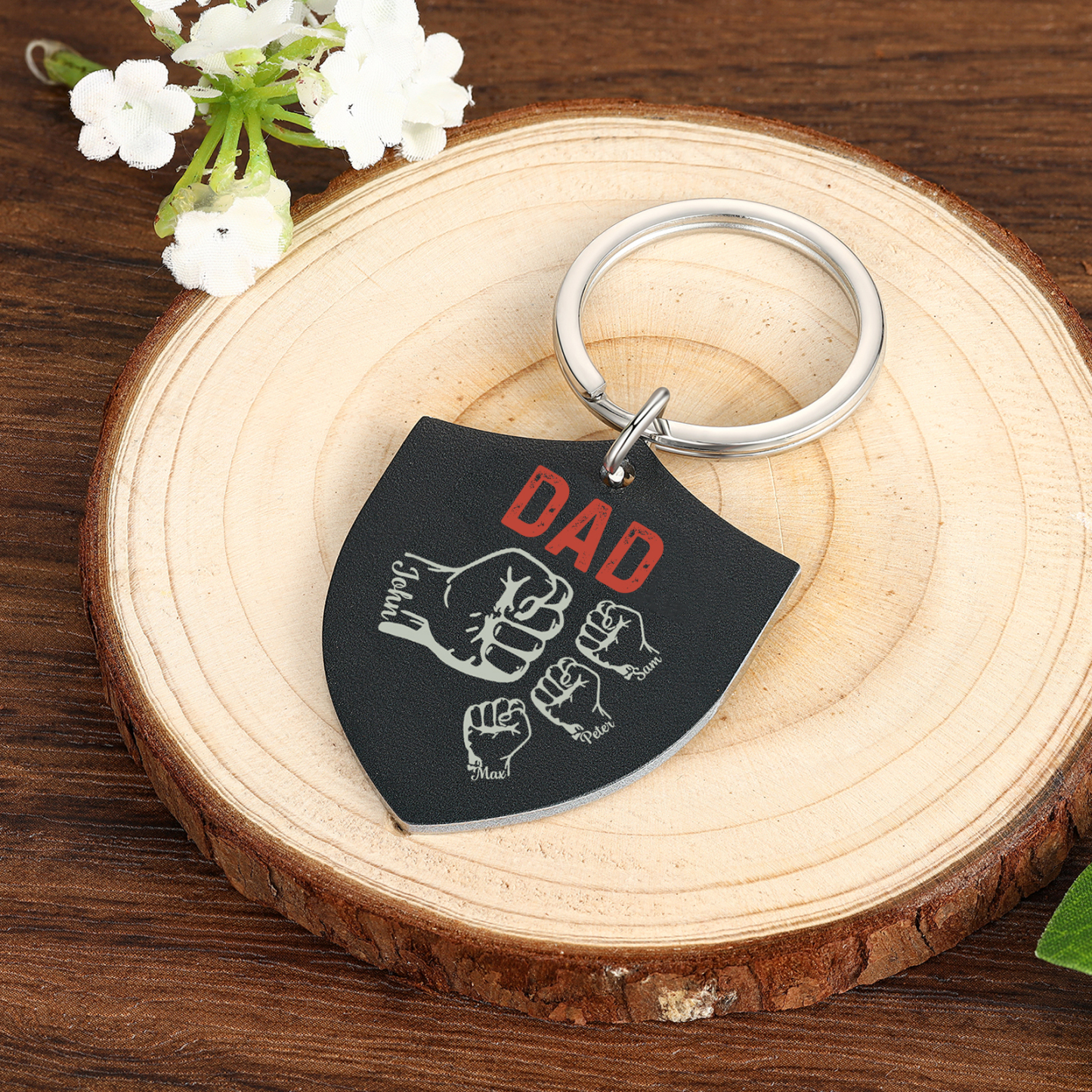 4 Names - Personalised Fist Bump Keyring Engraved Kids Names and text Keyring Gifts for Dad/Grandad