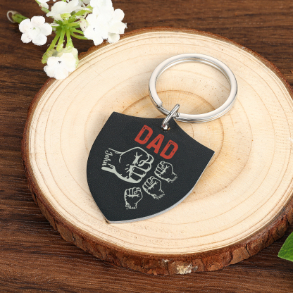 4 Names - Personalised Fist Bump Keyring Engraved Kids Names and text Keyring Gifts for Dad/Grandad