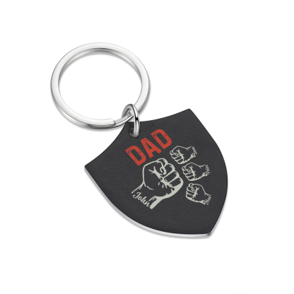 4 Names - Personalised Fist Bump Keyring Engraved Kids Names and text Keyring Gifts for Dad/Grandad