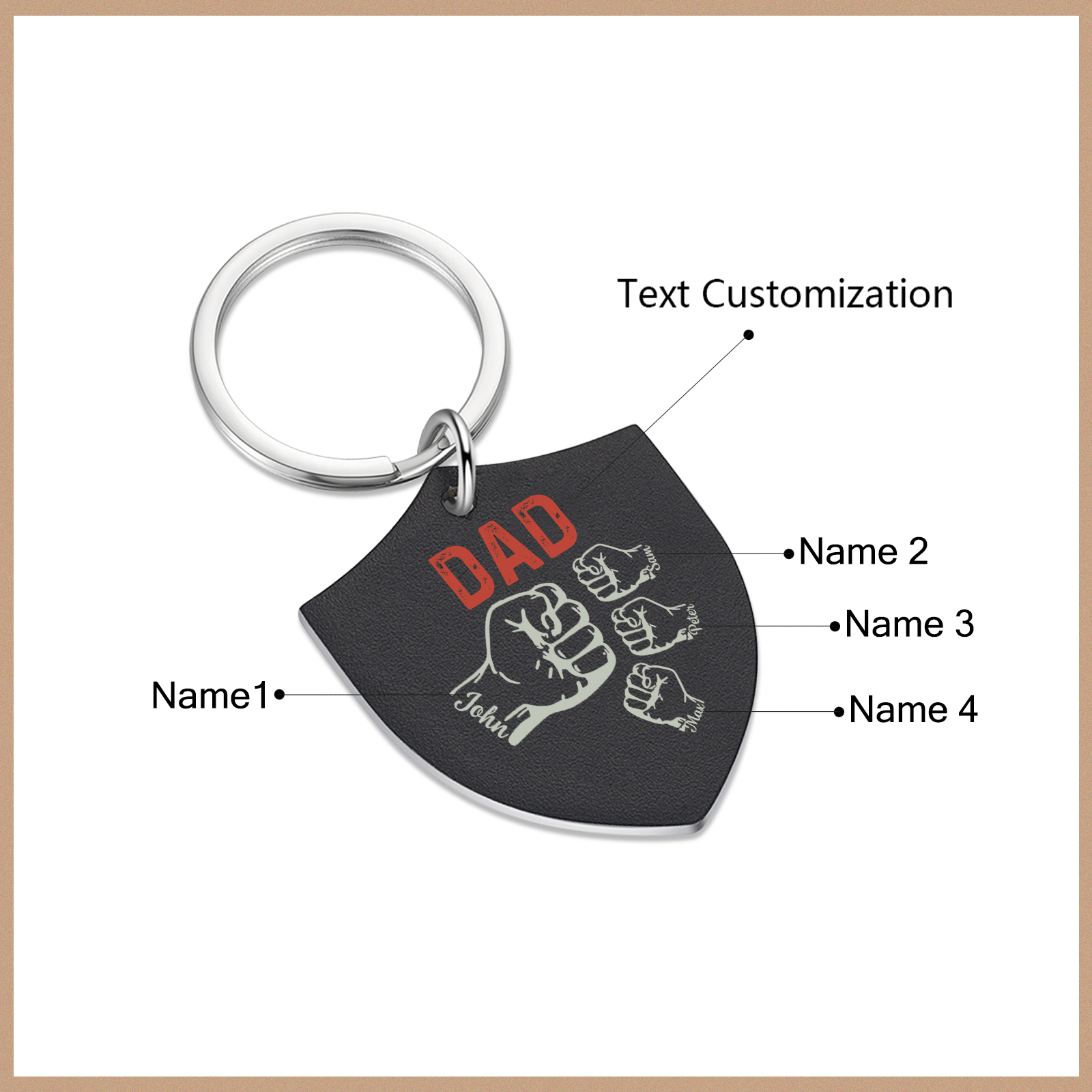 4 Names - Personalised Fist Bump Keyring Engraved Kids Names and text Keyring Gifts for Dad/Grandad