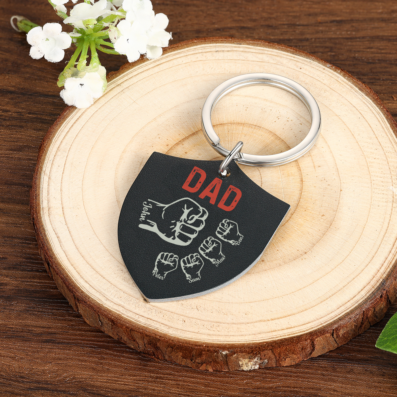 5 Names - Personalised Fist Bump Keyring Engraved Kids Names and text Keyring Gifts for Dad/Grandad