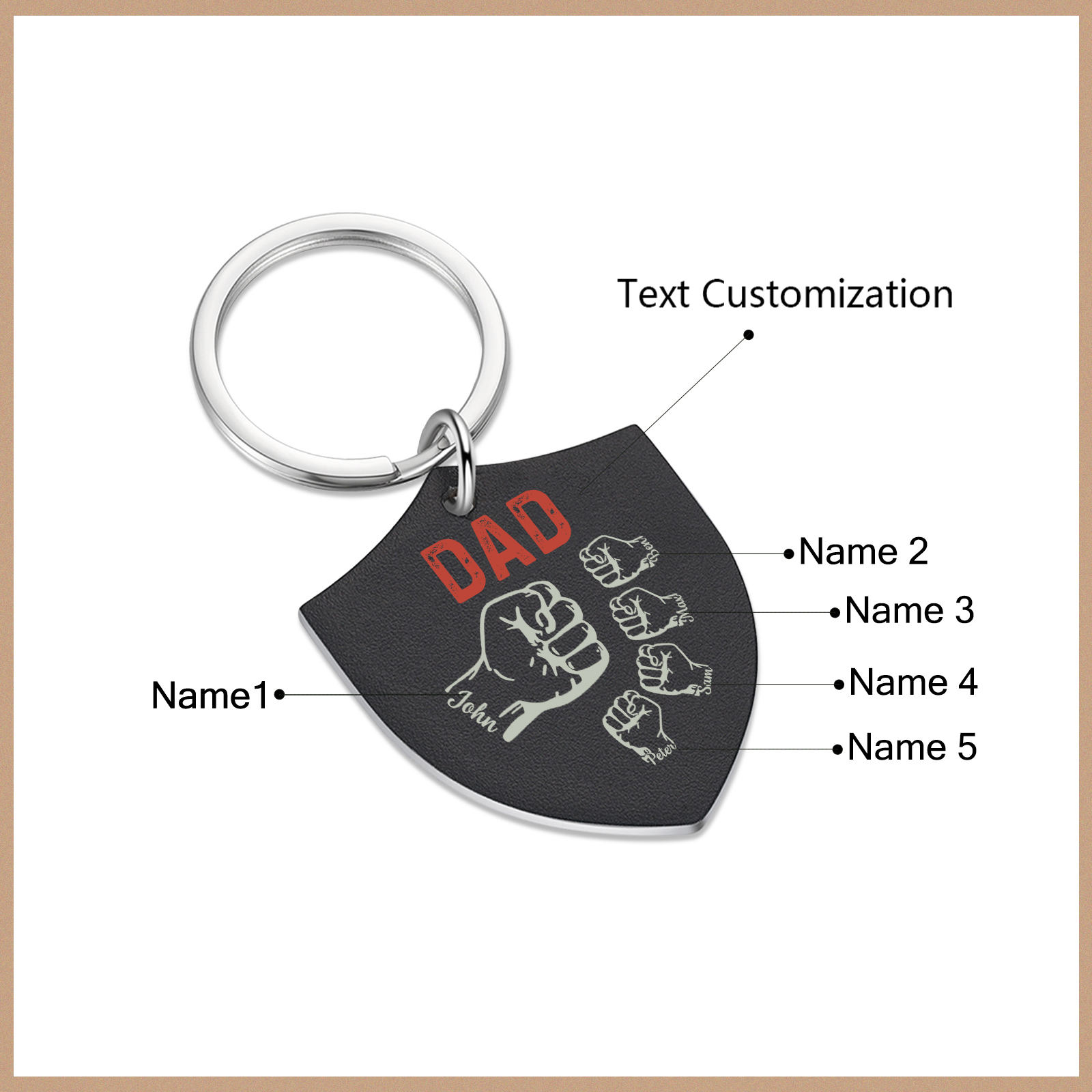 5 Names - Personalised Fist Bump Keyring Engraved Kids Names and text Keyring Gifts for Dad/Grandad