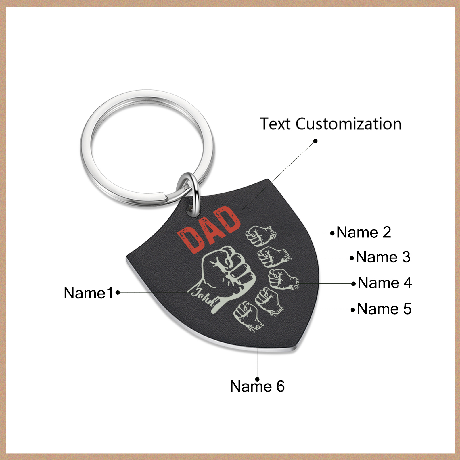 6 Names - Personalised Fist Bump Keyring Engraved Kids Names and text Keyring Gifts for Dad/Grandad