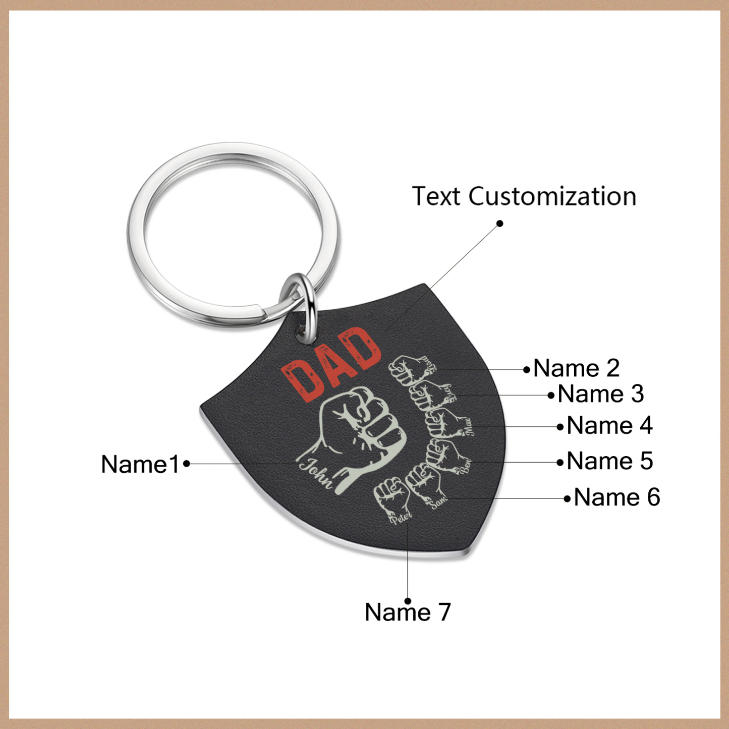 7 Names - Personalised Fist Bump Keyring Engraved Kids Names and text Keyring Gifts for Dad/Grandad