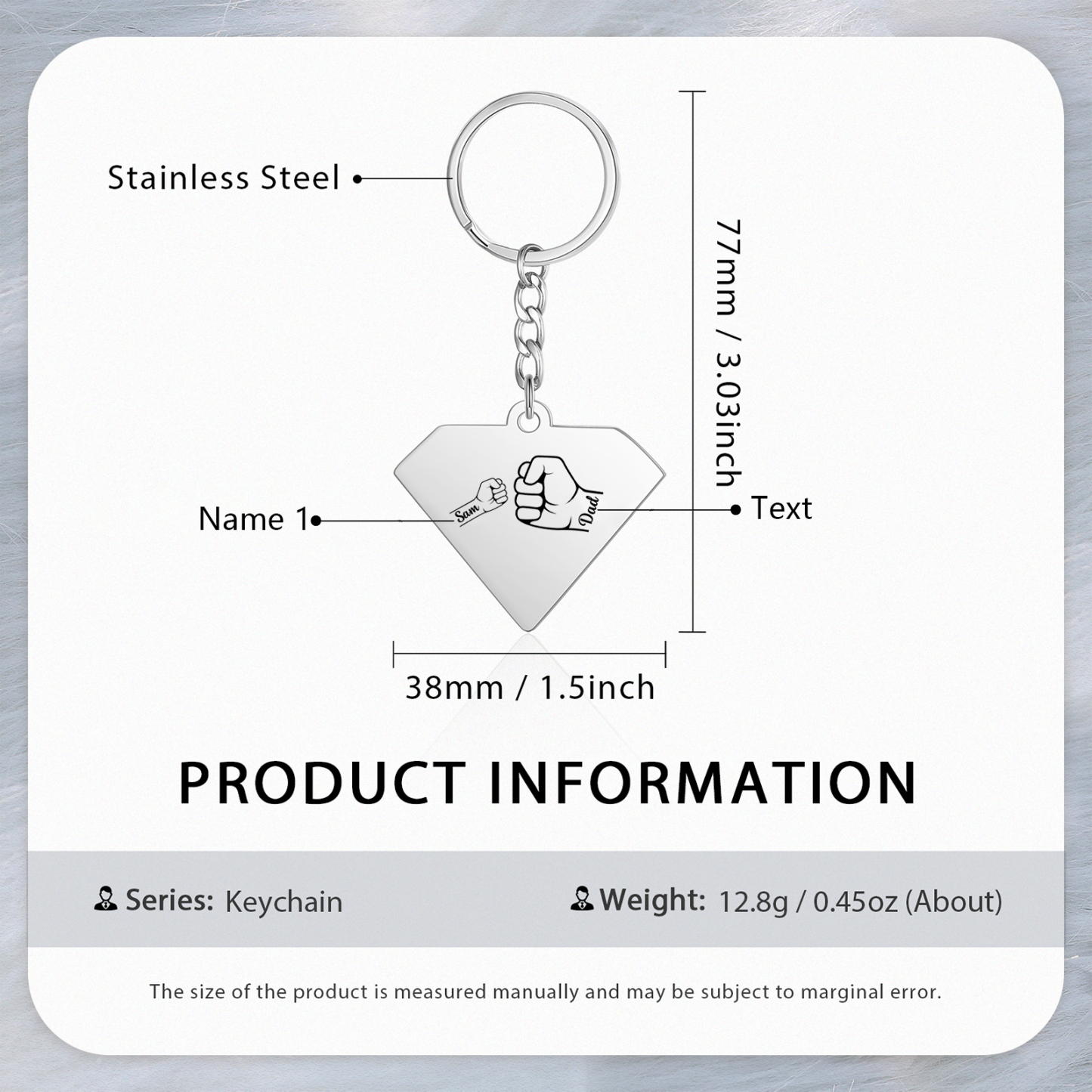 1 Name - Personalised Fist Bump Keyring Engraved Kids Names and text Keyring Gifts for Dad/Grandad