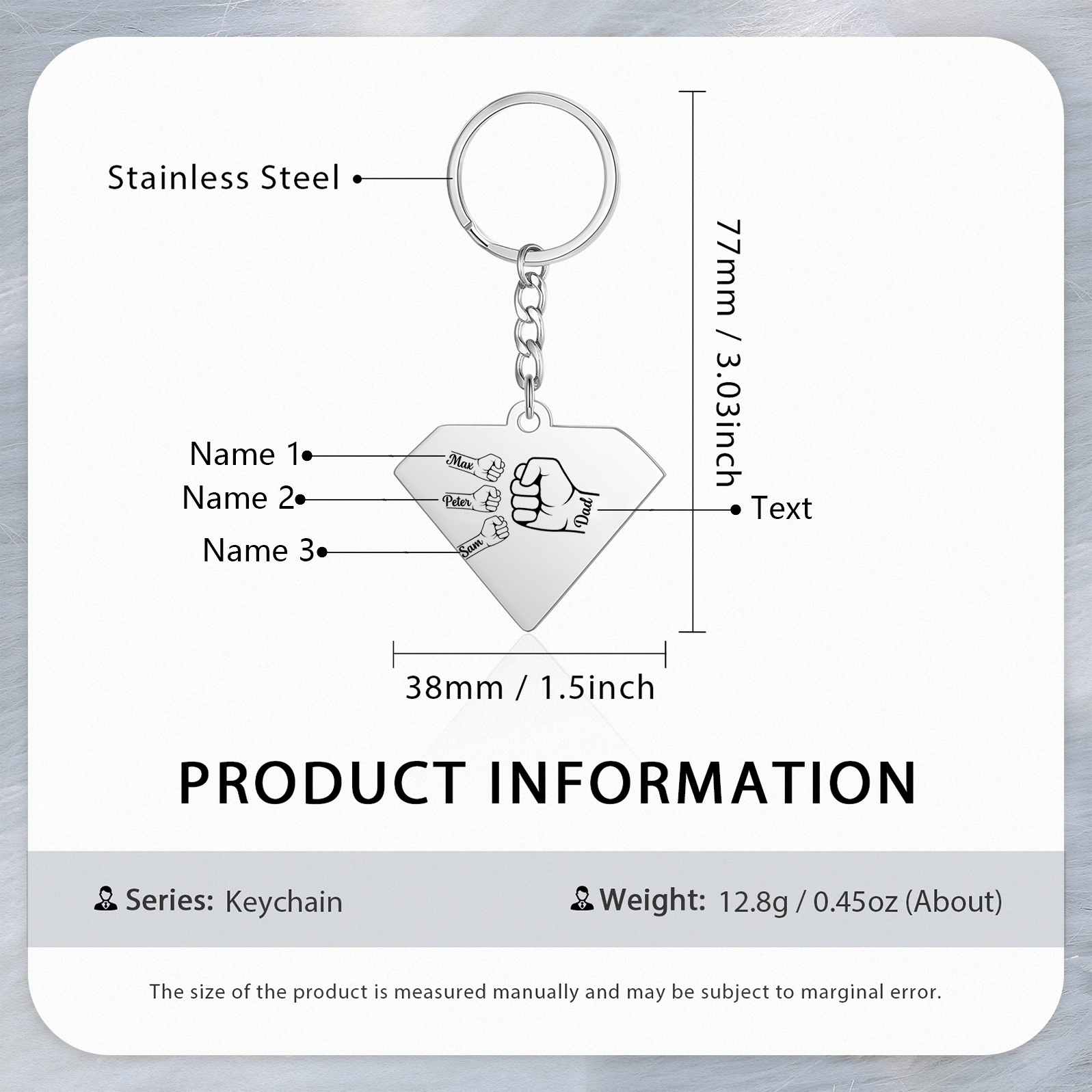 3 Names - Personalised Fist Bump Keyring Engraved Kids Names and text Keyring Gifts for Dad/Grandad