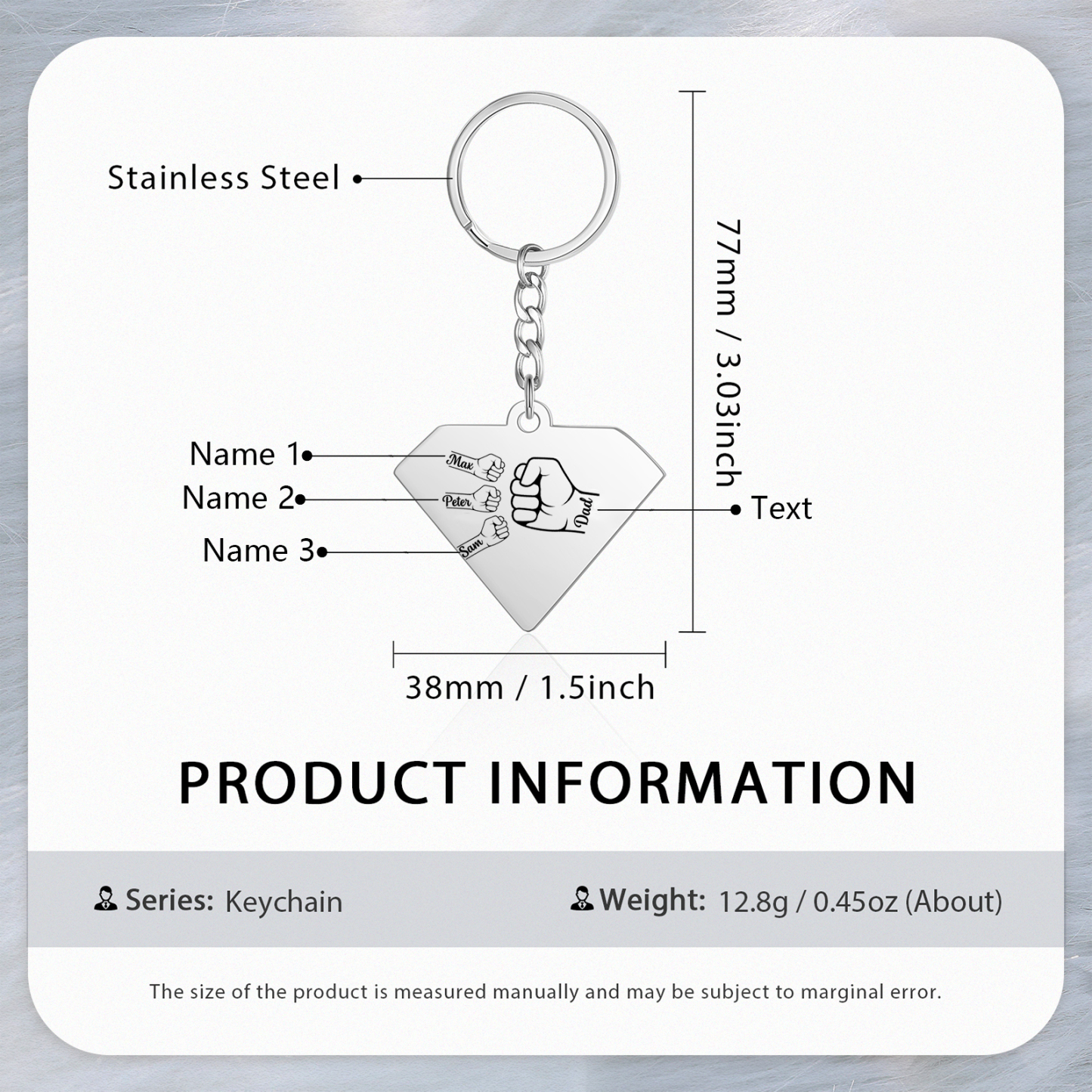 3 Names - Personalised Fist Bump Keyring Engraved Kids Names and text Keyring Gifts for Dad/Grandad