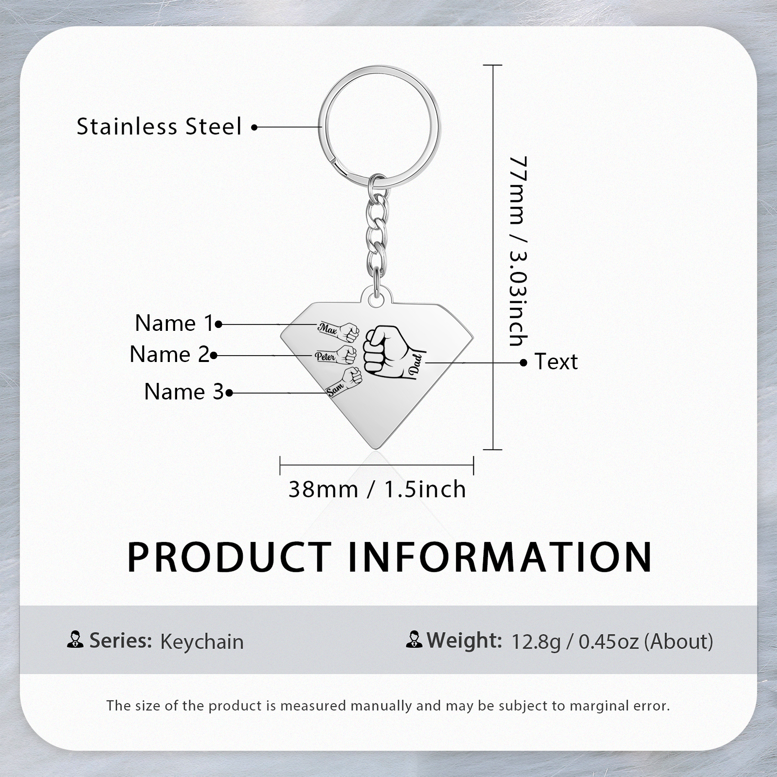 3 Names - Personalised Fist Bump Keyring Engraved Kids Names and text Keyring Gifts for Dad/Grandad