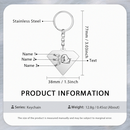 3 Names - Personalised Fist Bump Keyring Engraved Kids Names and text Keyring Gifts for Dad/Grandad