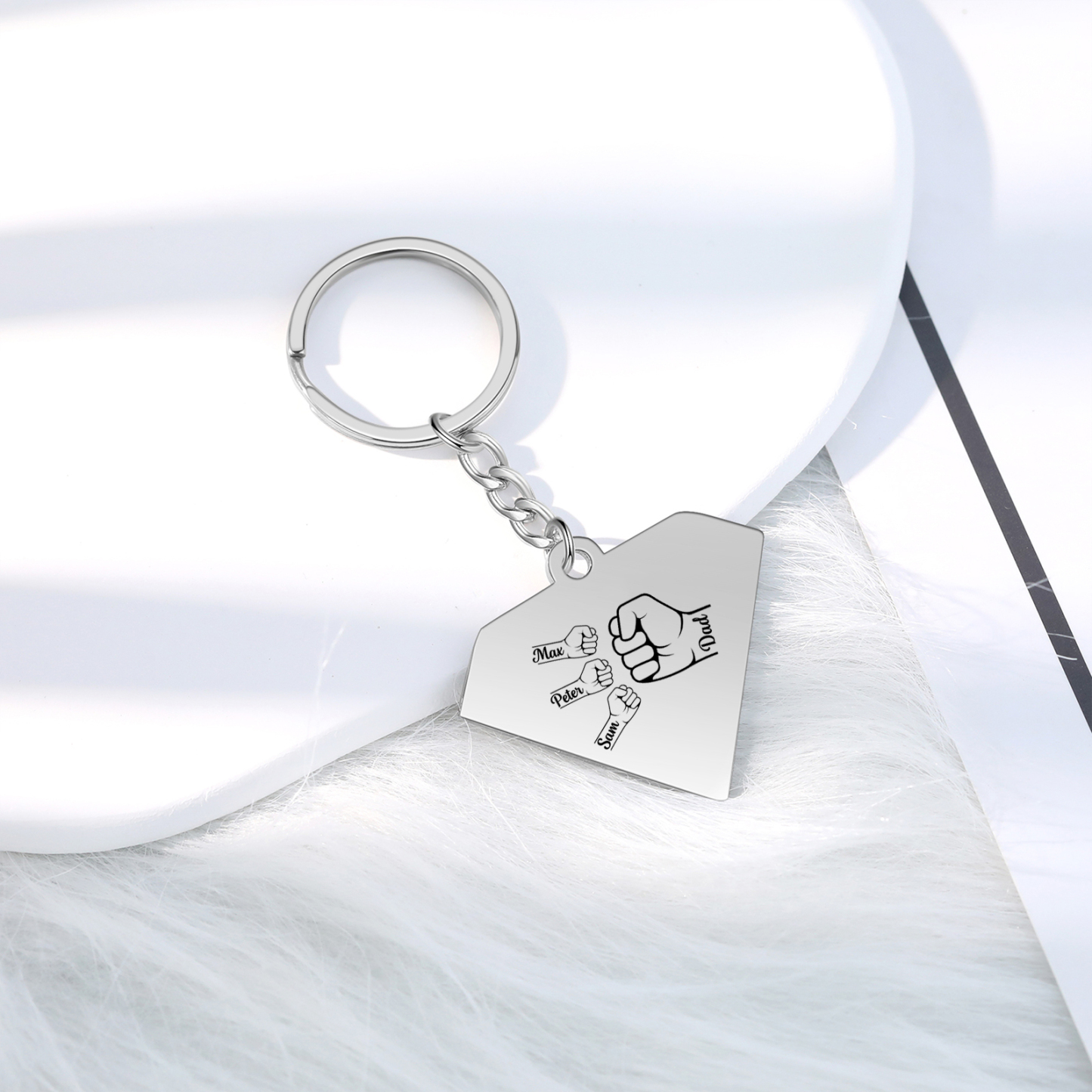 3 Names - Personalised Fist Bump Keyring Engraved Kids Names and text Keyring Gifts for Dad/Grandad