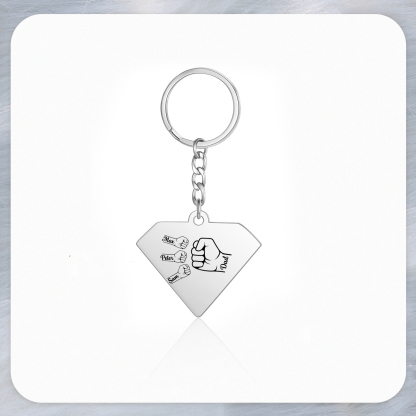 3 Names - Personalised Fist Bump Keyring Engraved Kids Names and text Keyring Gifts for Dad/Grandad