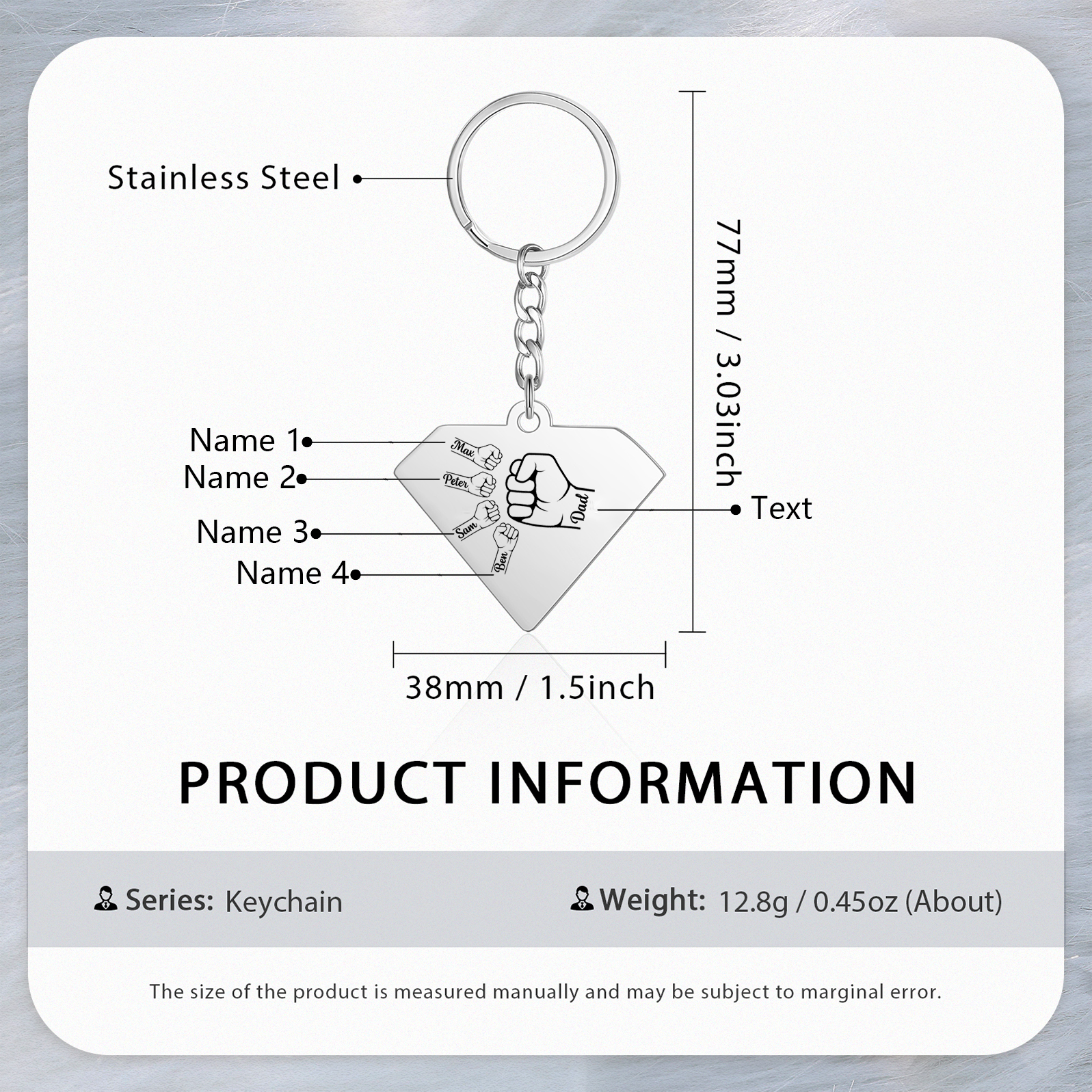 4 Names - Personalised Fist Bump Keyring Engraved Kids Names and text Keyring Gifts for Dad/Grandad