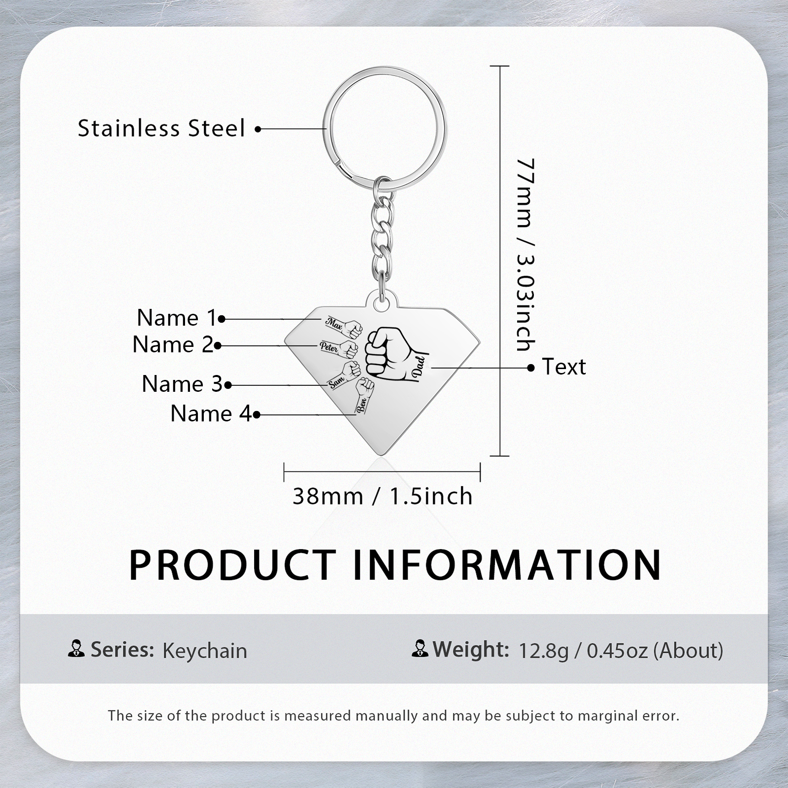 4 Names - Personalised Fist Bump Keyring Engraved Kids Names and text Keyring Gifts for Dad/Grandad