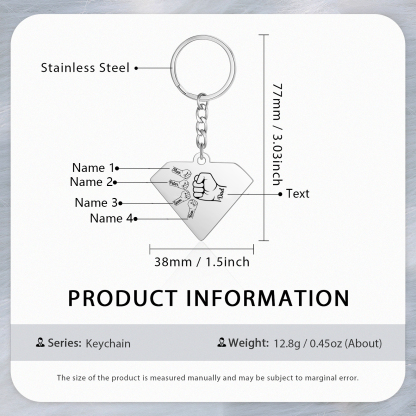 4 Names - Personalised Fist Bump Keyring Engraved Kids Names and text Keyring Gifts for Dad/Grandad