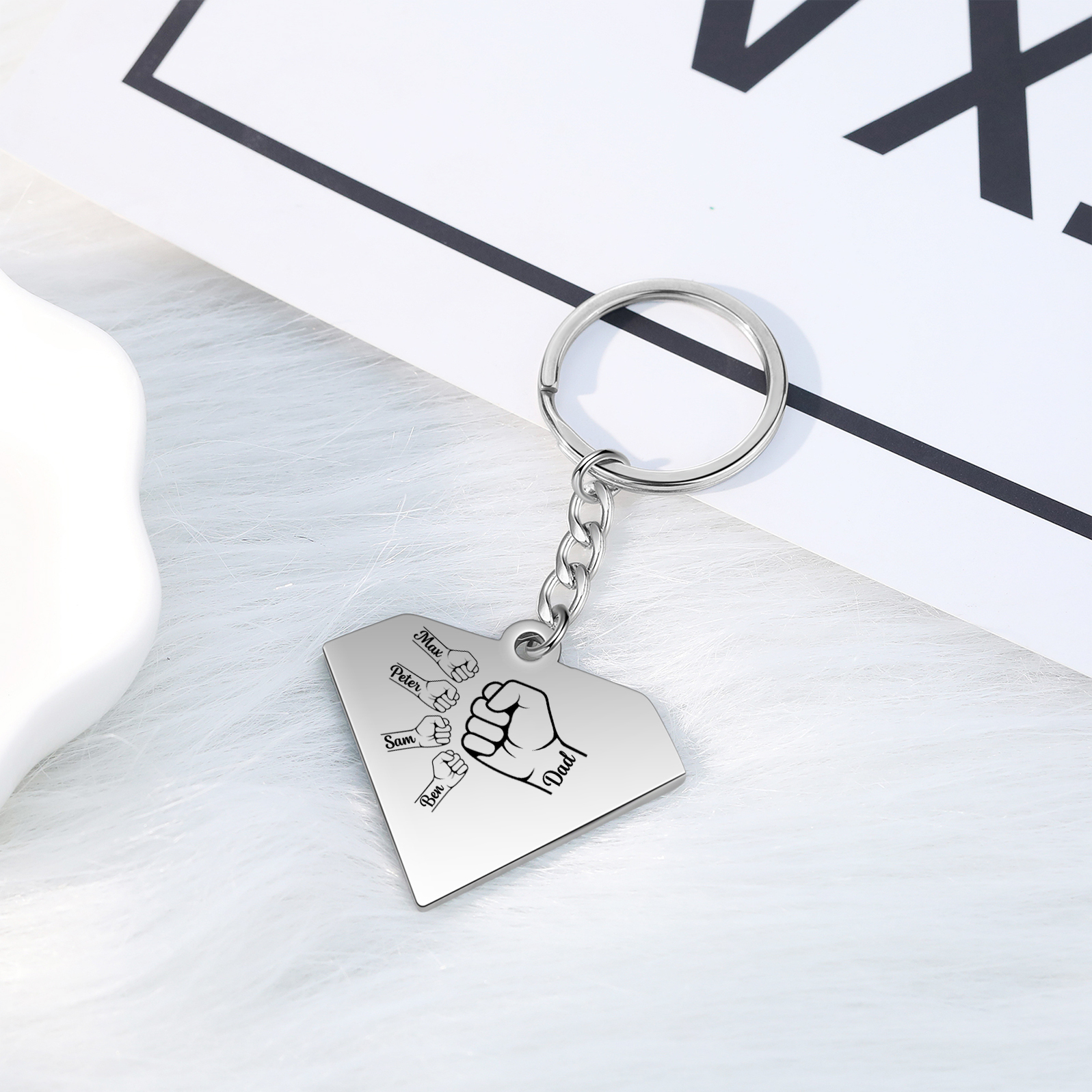 4 Names - Personalised Fist Bump Keyring Engraved Kids Names and text Keyring Gifts for Dad/Grandad