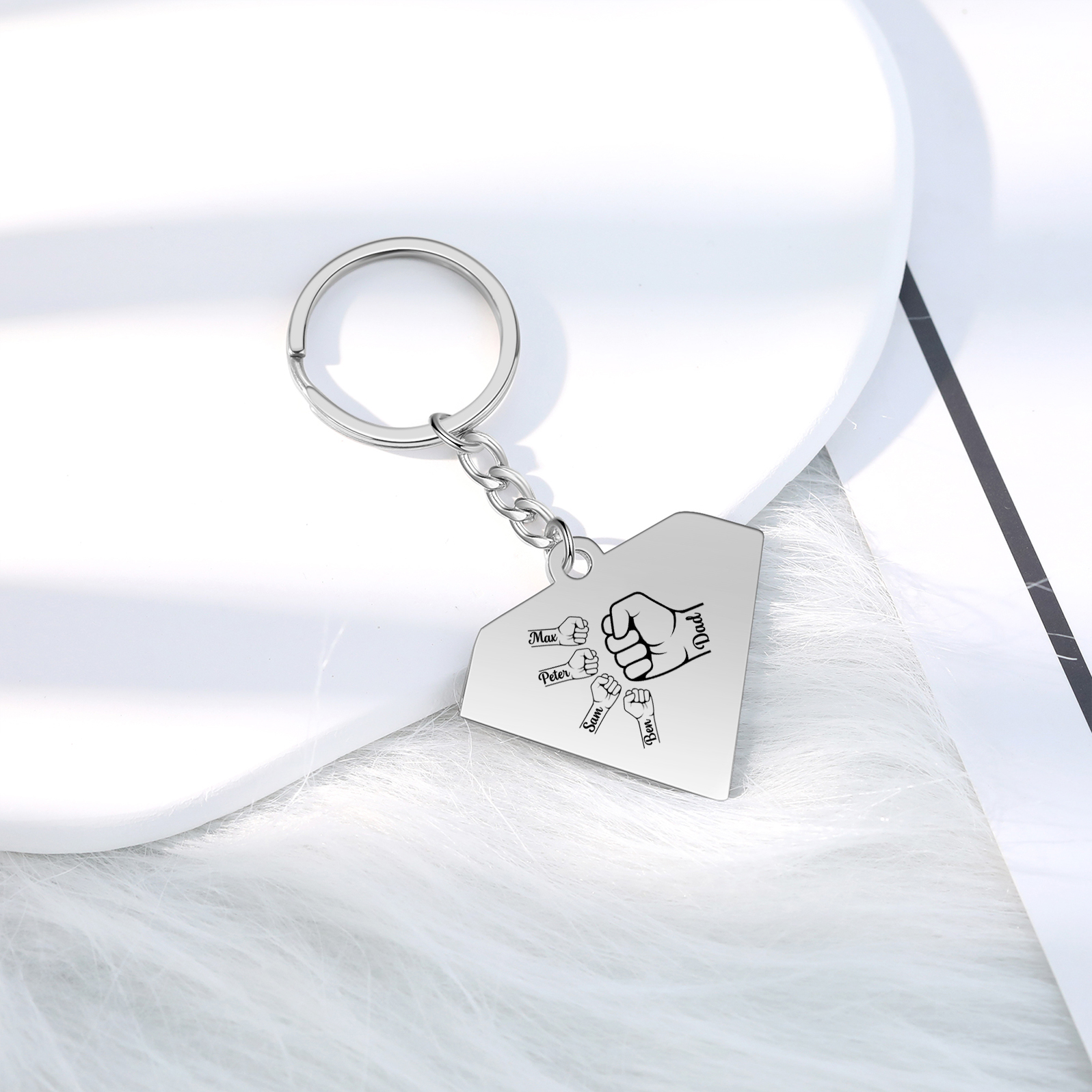 4 Names - Personalised Fist Bump Keyring Engraved Kids Names and text Keyring Gifts for Dad/Grandad