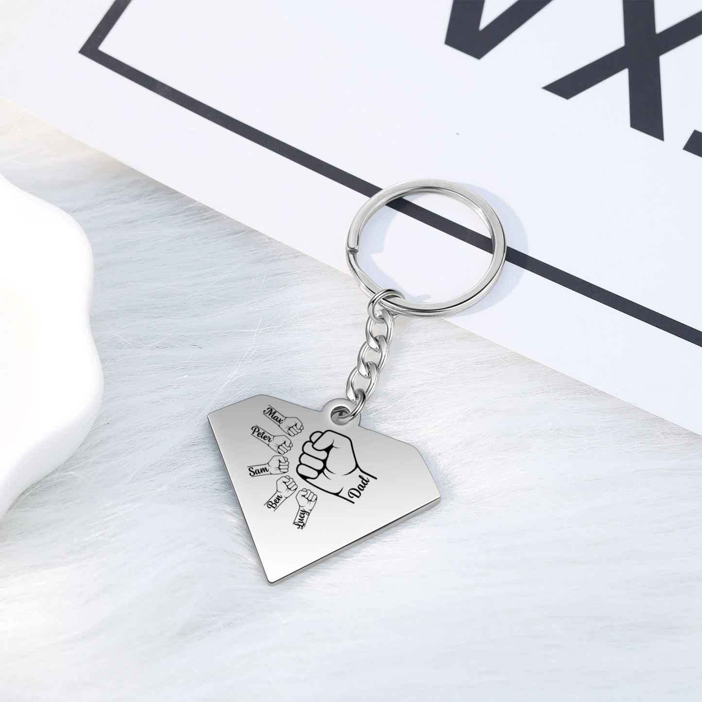 5 Names - Personalised Fist Bump Keyring Engraved Kids Names and text Keyring Gifts for Dad/Grandad