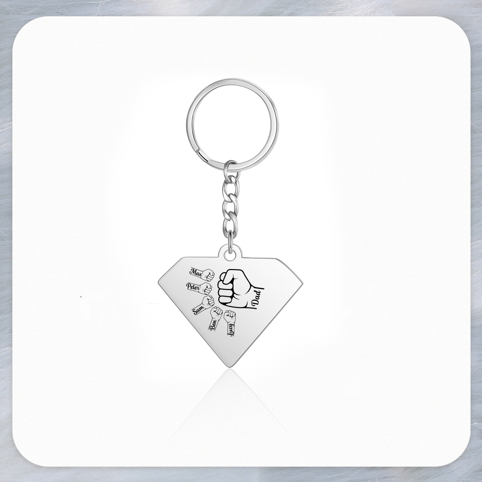 5 Names - Personalised Fist Bump Keyring Engraved Kids Names and text Keyring Gifts for Dad/Grandad