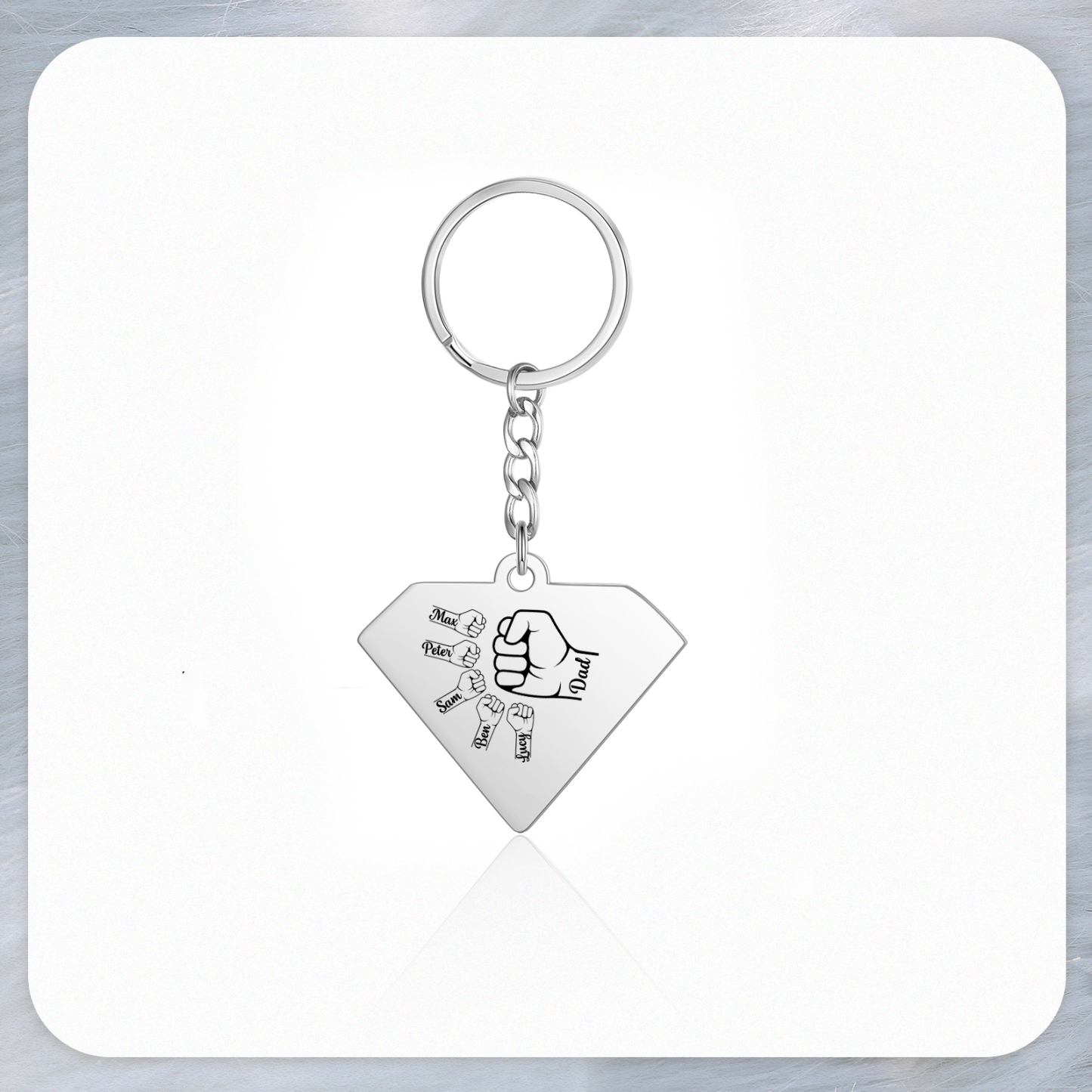 5 Names - Personalised Fist Bump Keyring Engraved Kids Names and text Keyring Gifts for Dad/Grandad