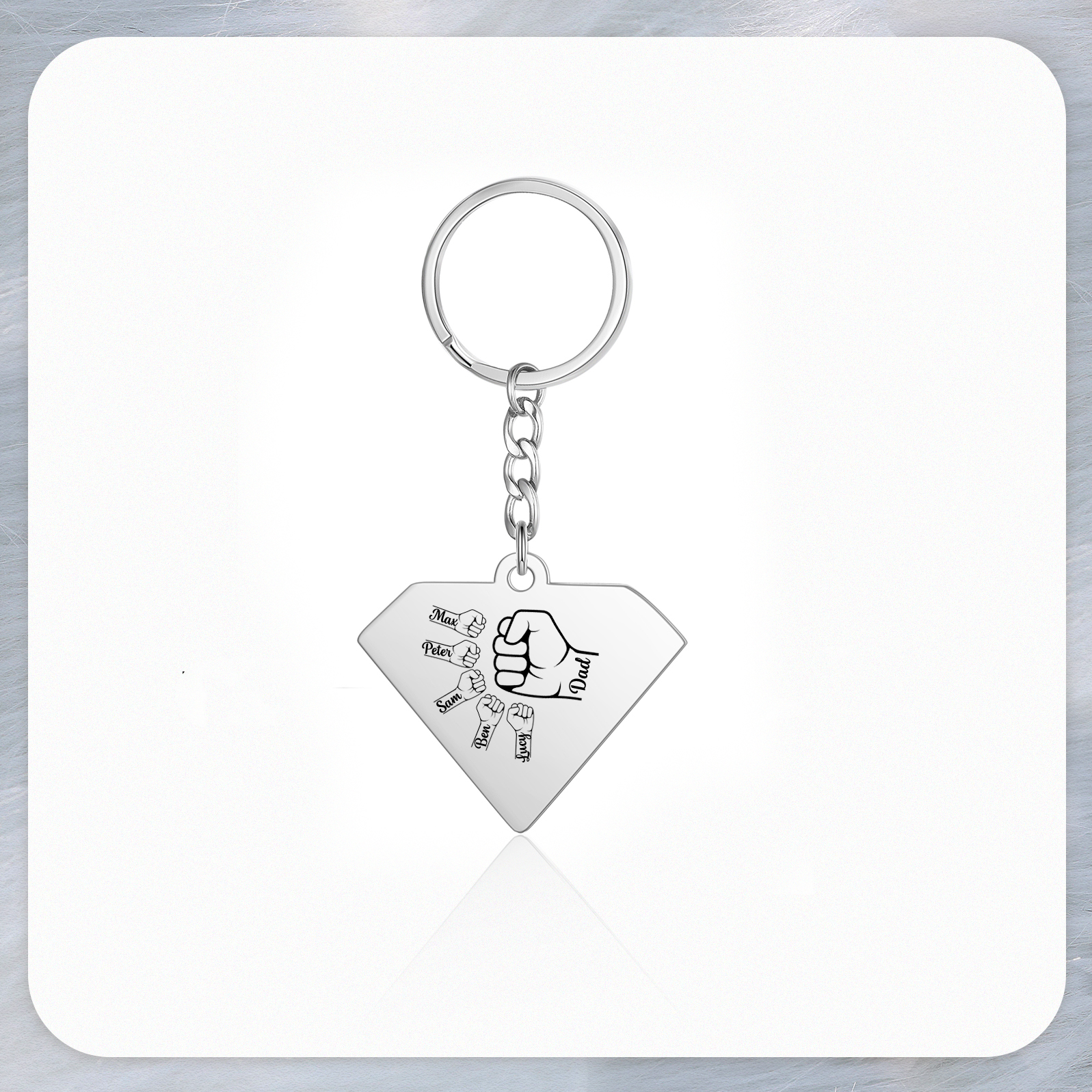 5 Names - Personalised Fist Bump Keyring Engraved Kids Names and text Keyring Gifts for Dad/Grandad