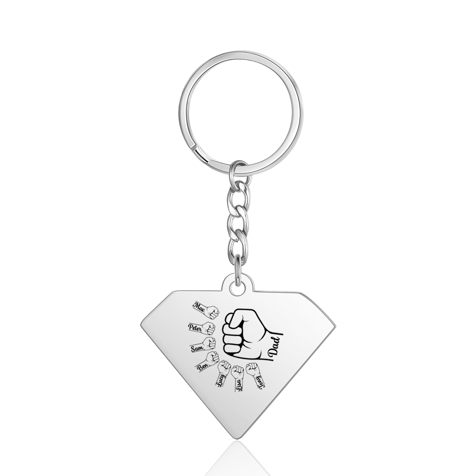 6 Names - Personalised Fist Bump Keyring Engraved Kids Names and text Keyring Gifts for Dad/Grandad