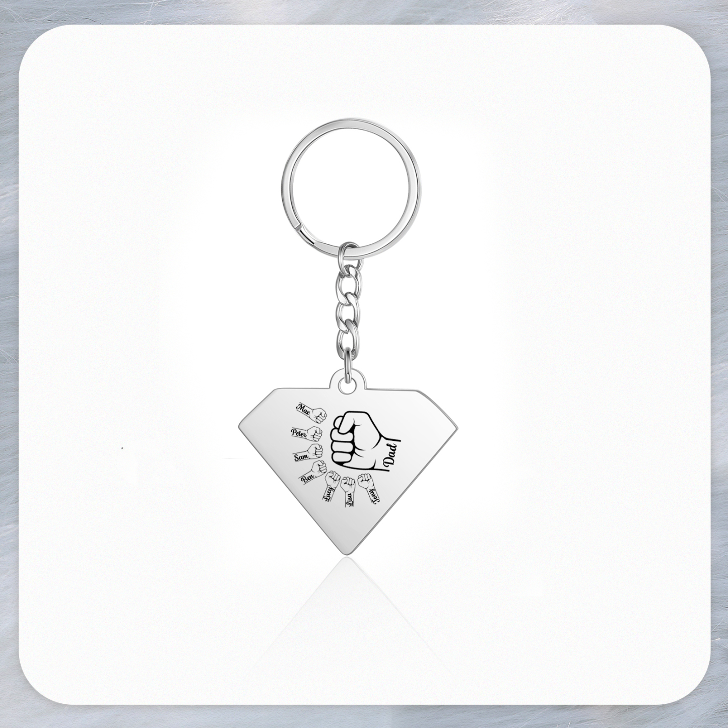 6 Names - Personalised Fist Bump Keyring Engraved Kids Names and text Keyring Gifts for Dad/Grandad