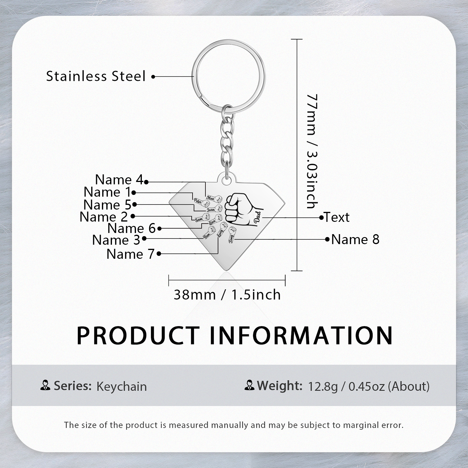 8 Names - Personalised Fist Bump Keyring Engraved Kids Names and text Keyring Gifts for Dad/Grandad