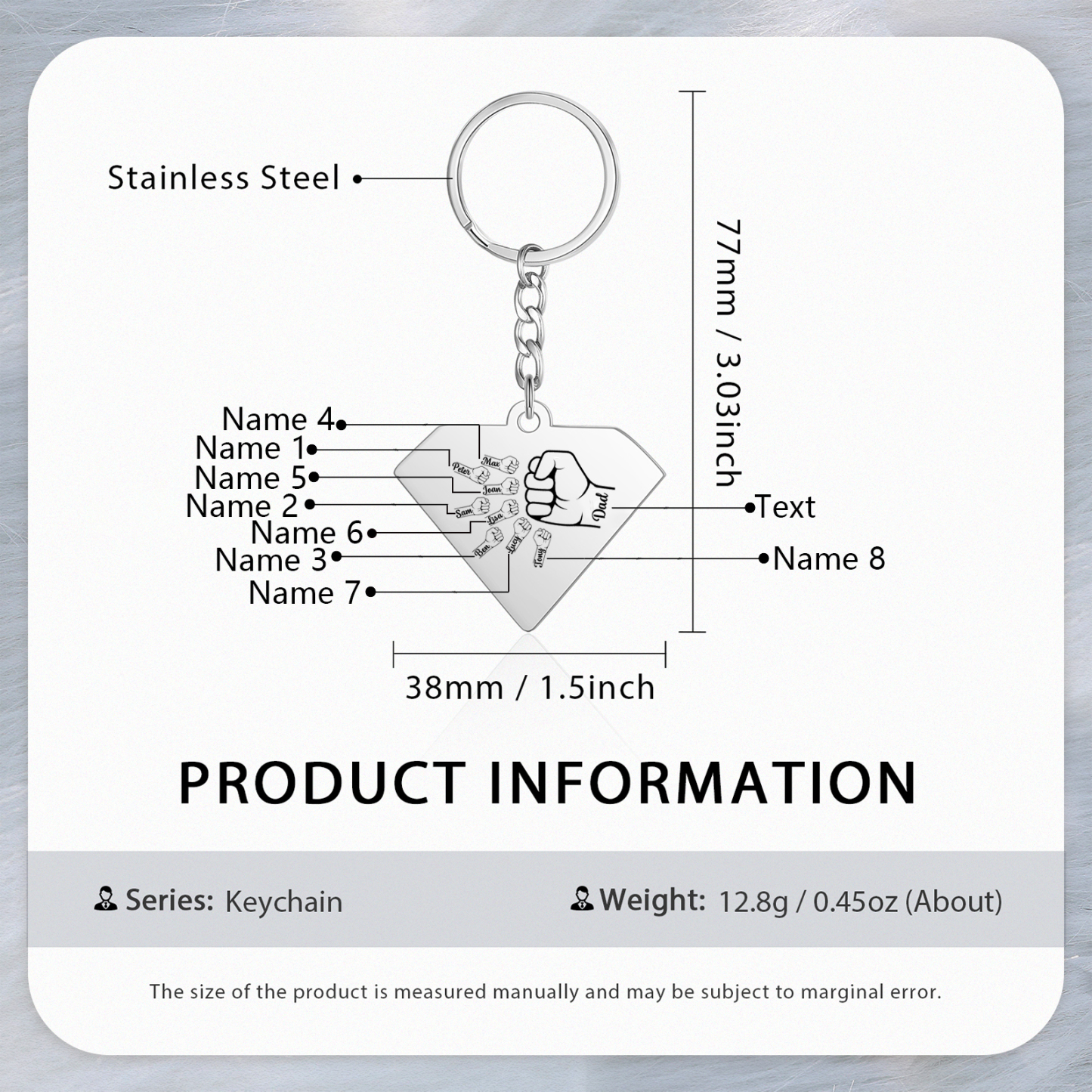 8 Names - Personalised Fist Bump Keyring Engraved Kids Names and text Keyring Gifts for Dad/Grandad