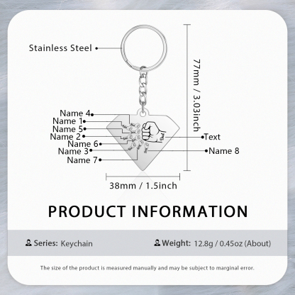 8 Names - Personalised Fist Bump Keyring Engraved Kids Names and text Keyring Gifts for Dad/Grandad