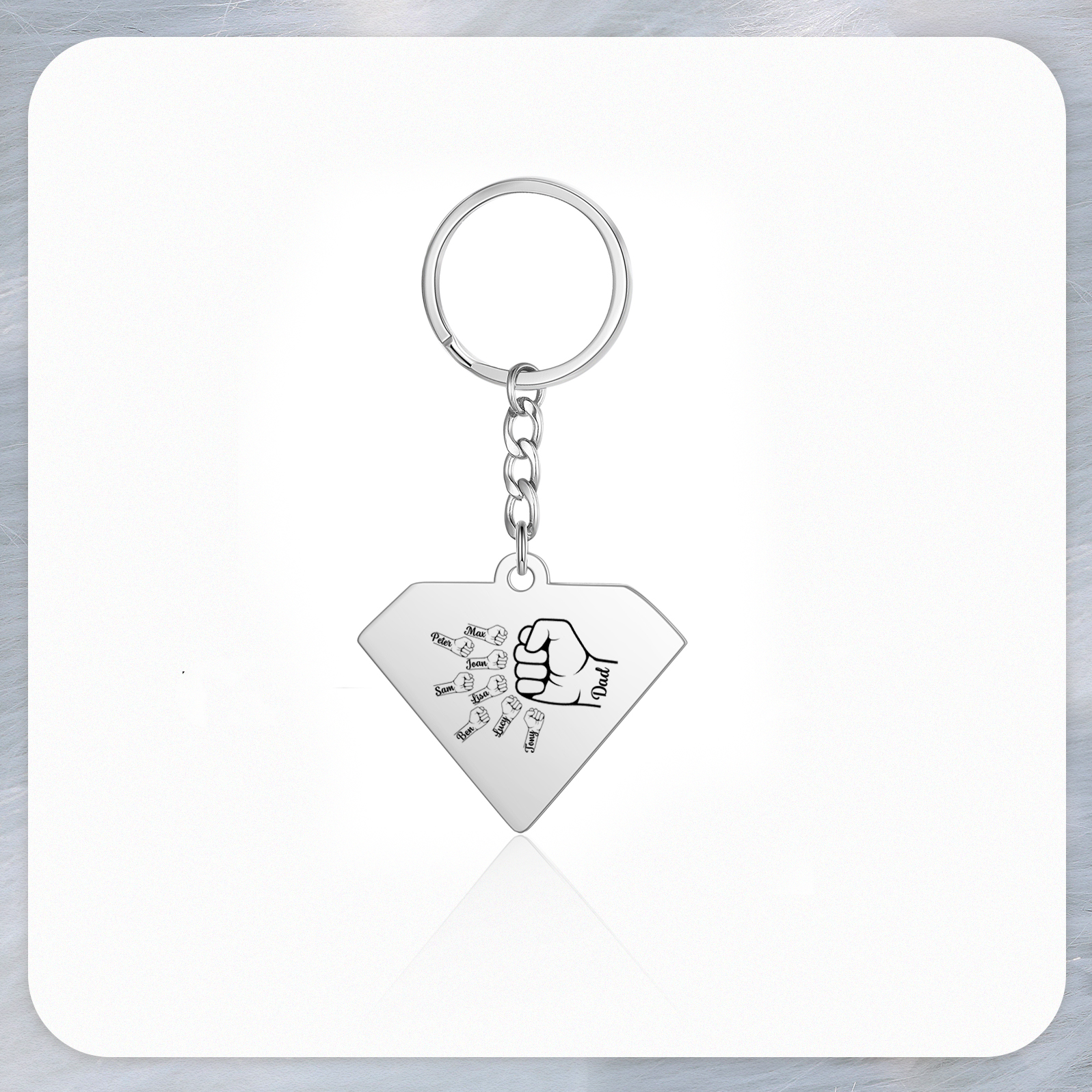 8 Names - Personalised Fist Bump Keyring Engraved Kids Names and text Keyring Gifts for Dad/Grandad