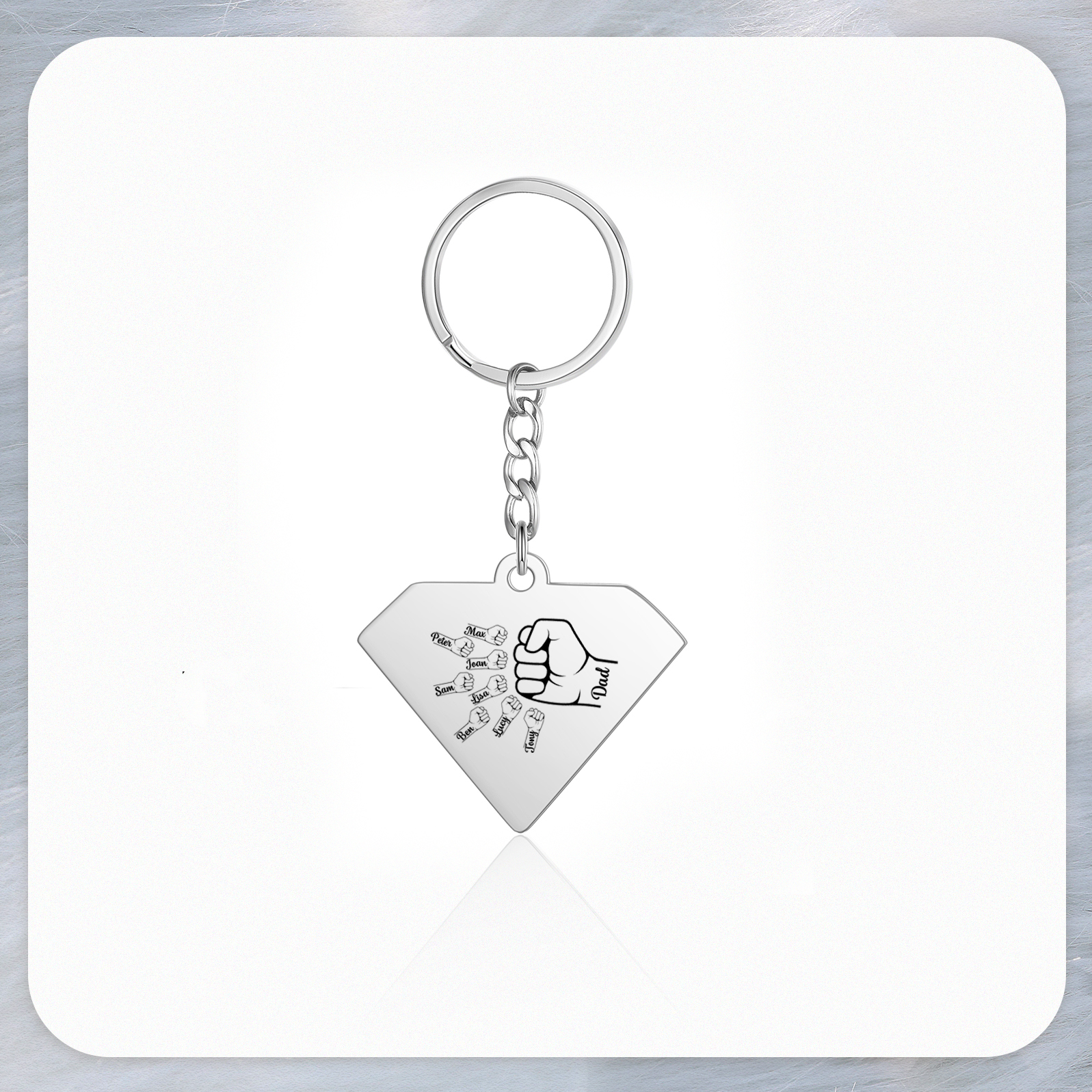 8 Names - Personalised Fist Bump Keyring Engraved Kids Names and text Keyring Gifts for Dad/Grandad