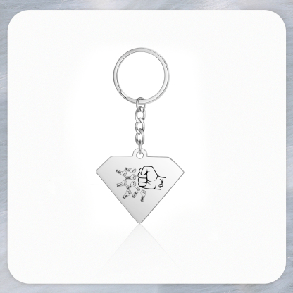 8 Names - Personalised Fist Bump Keyring Engraved Kids Names and text Keyring Gifts for Dad/Grandad
