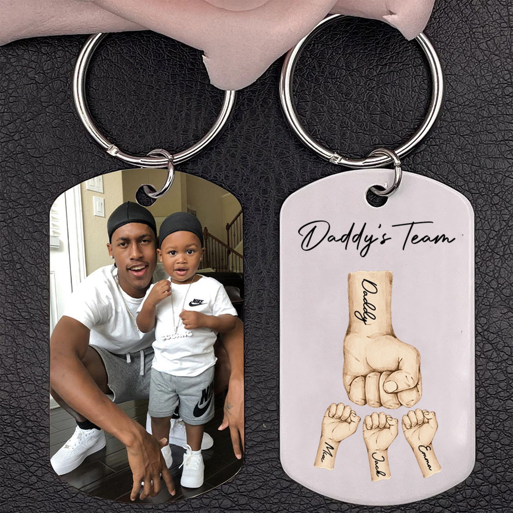 2 Texts, 3 Names & 1 Photo Personalised Keyring – “Daddy’s Team” Design | Jessemade