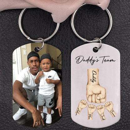 2 Texts, 4 Names & 1 Photo Personalised Keyring – “Daddy’s Team” Desig