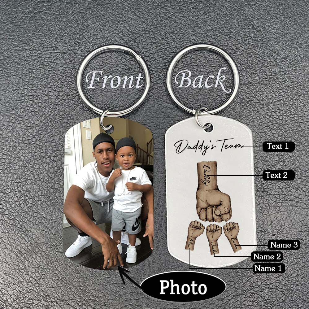 2 Texts, 3 Names & 1 Photo Personalised Keyring – “Daddy’s Team” Design | Jessemade
