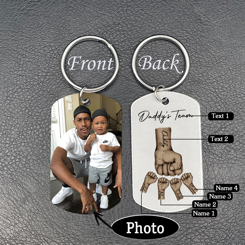2 Texts, 4 Names & 1 Photo Personalised Keyring – “Daddy’s Team” Design | Jessemade