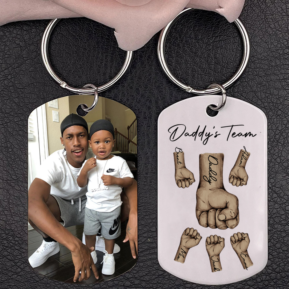 2 Texts, 5 Names & 1 Photo Personalised Keyring – “Daddy’s Team” Design | Jessemade