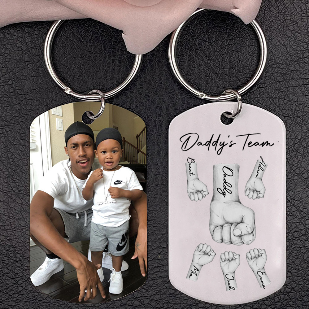 2 Texts, 5 Names & 1 Photo Personalised Keyring – “Daddy’s Team” Design | Jessemade