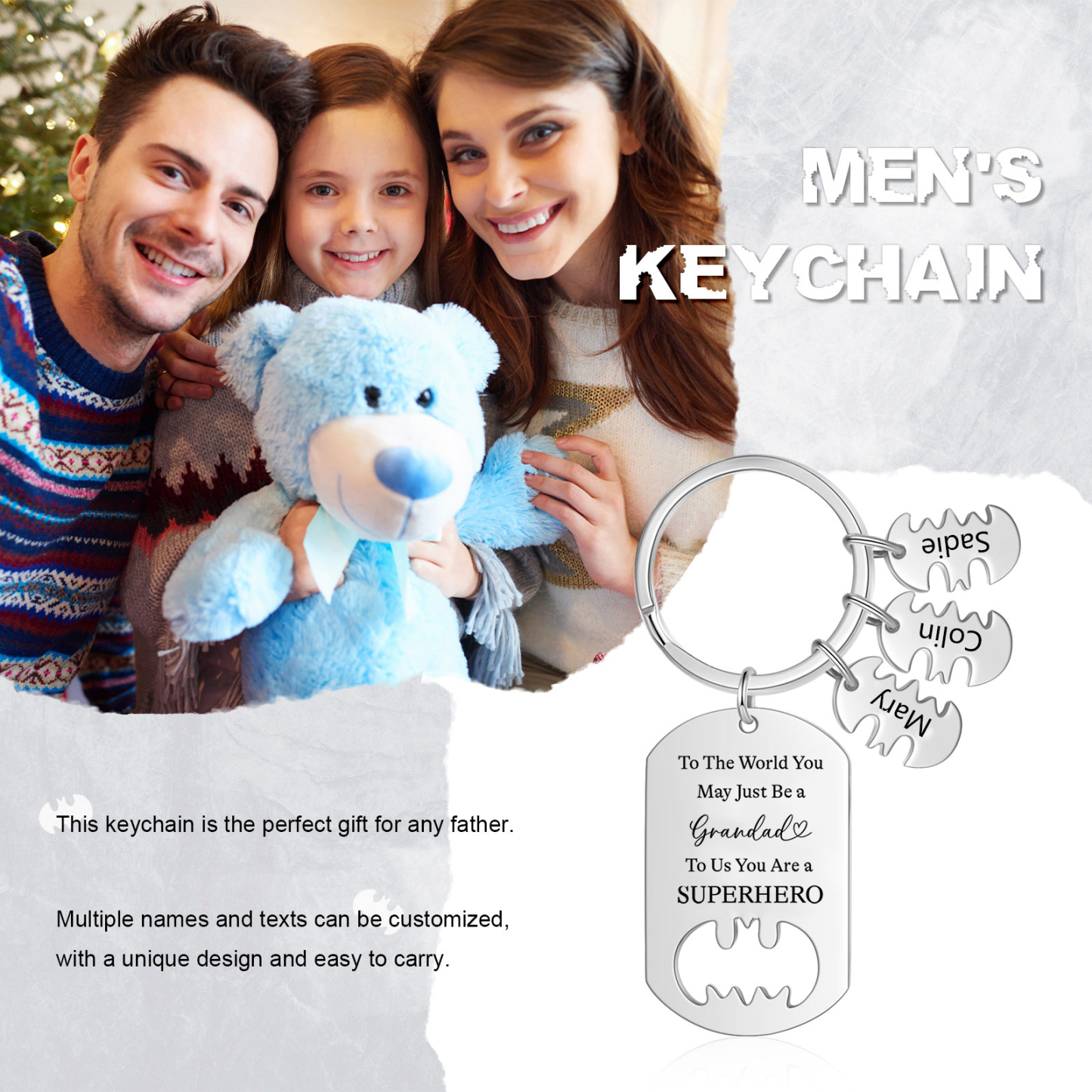 3 Names - Personalized Keychain Custom 3 Names Stainless Steel Keychain for Grandad